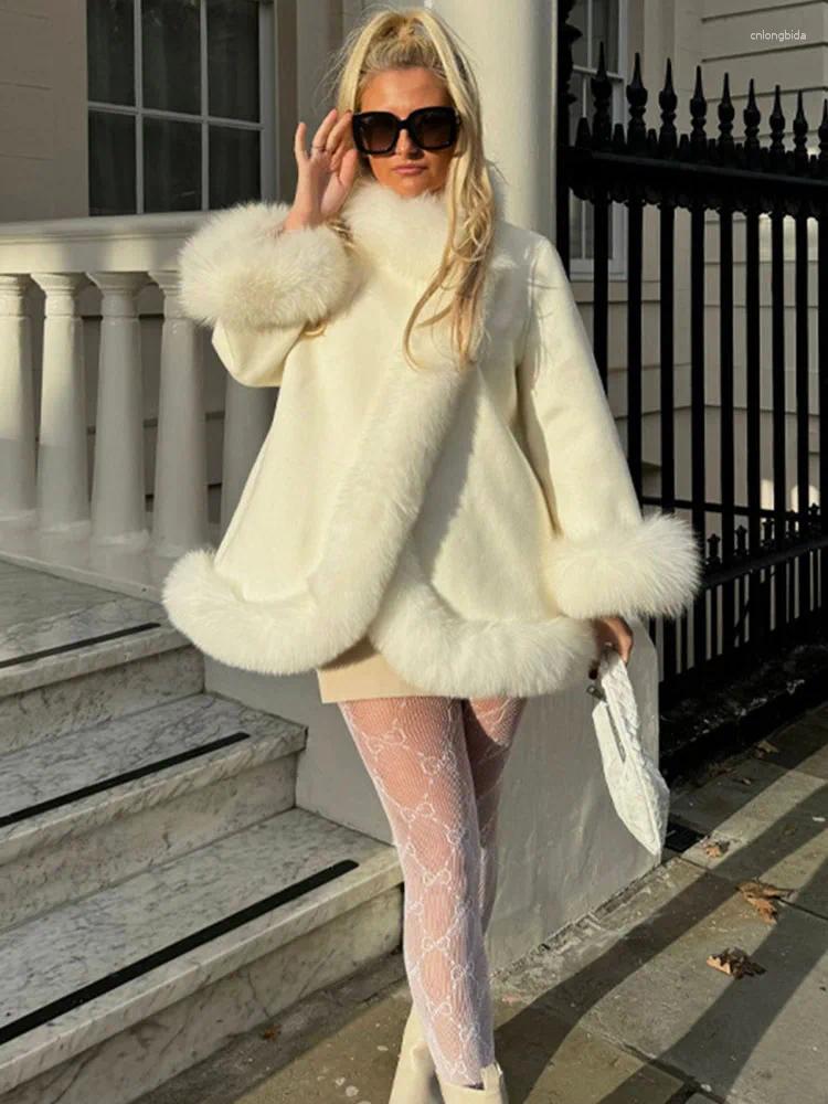 Women' s Fur ZADORIN Elegant White Woolen Cape Faux Coat