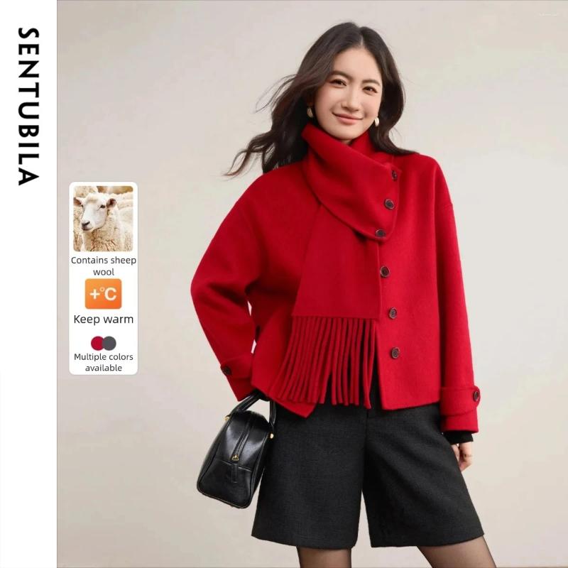 Women's Wool SENTBUILA Woolen Coat 2026 Winter Long Sleeve Double sided Jackets Detachable Collar Pockets Coats W54OG2451 0d