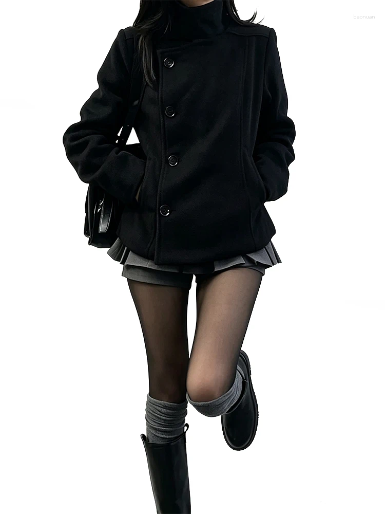 Women's Wool Retro Slim Fit Thick Woolen Coat Korean Style High Neck Diagonal Button Design For Autumn Winter Fashion e3