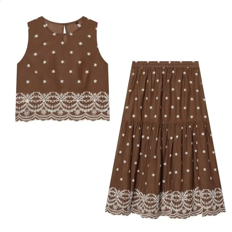 Women's Summer Set Hollow Embroidered Casual Skirt Outfit Sleeveless Top Floral Elastic Waist Two Piece Limited Stock 260819