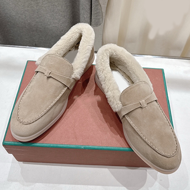 Womens Fur Trimmed Collar Walk Loafer Luxury White Sole Winter Fleece Lined Loafers Round Toe Low Cut Laceless Suede Charm Warm Flat
