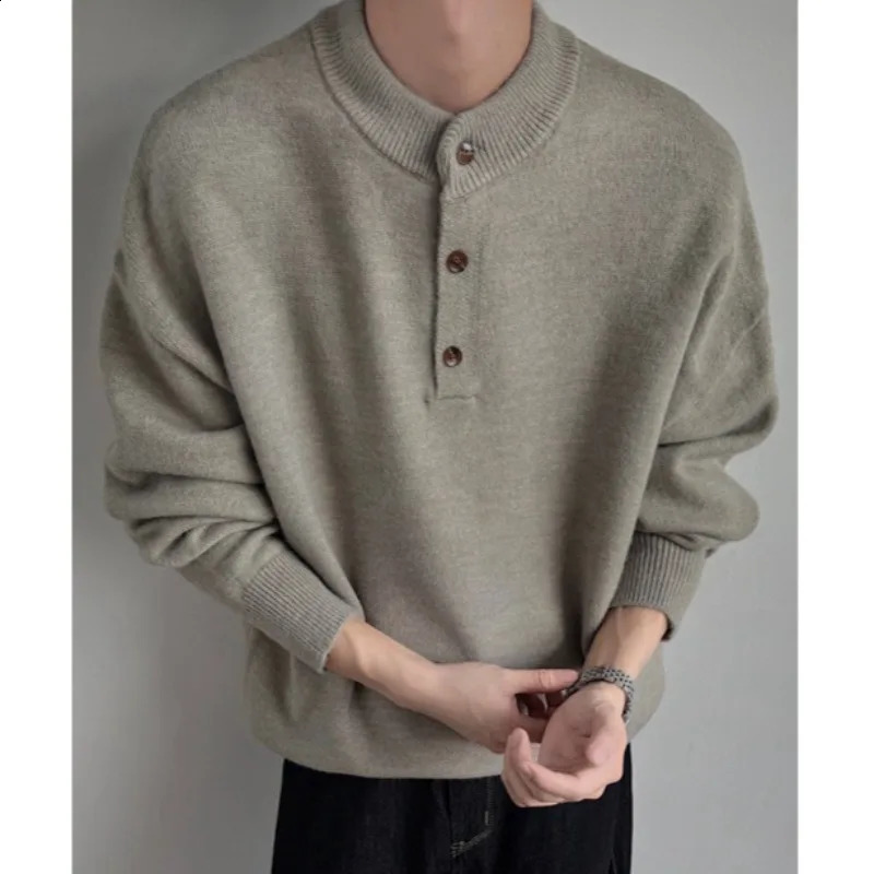 Men's Old Money Style Henley Neck Knit Sweater Autumn Loose Fit Round Pullover Youth Fashion Streetwear 260819 d4