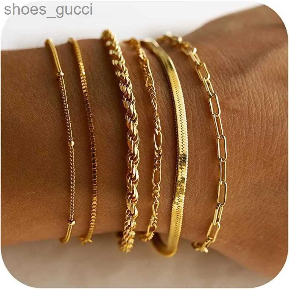 Womens Gold Bracelet Waterproof designer bracelet for women 14K Gold Jewelry Set Womens Fashion Thin Exquisite Stackable Chain Paper Clip Chain Brac