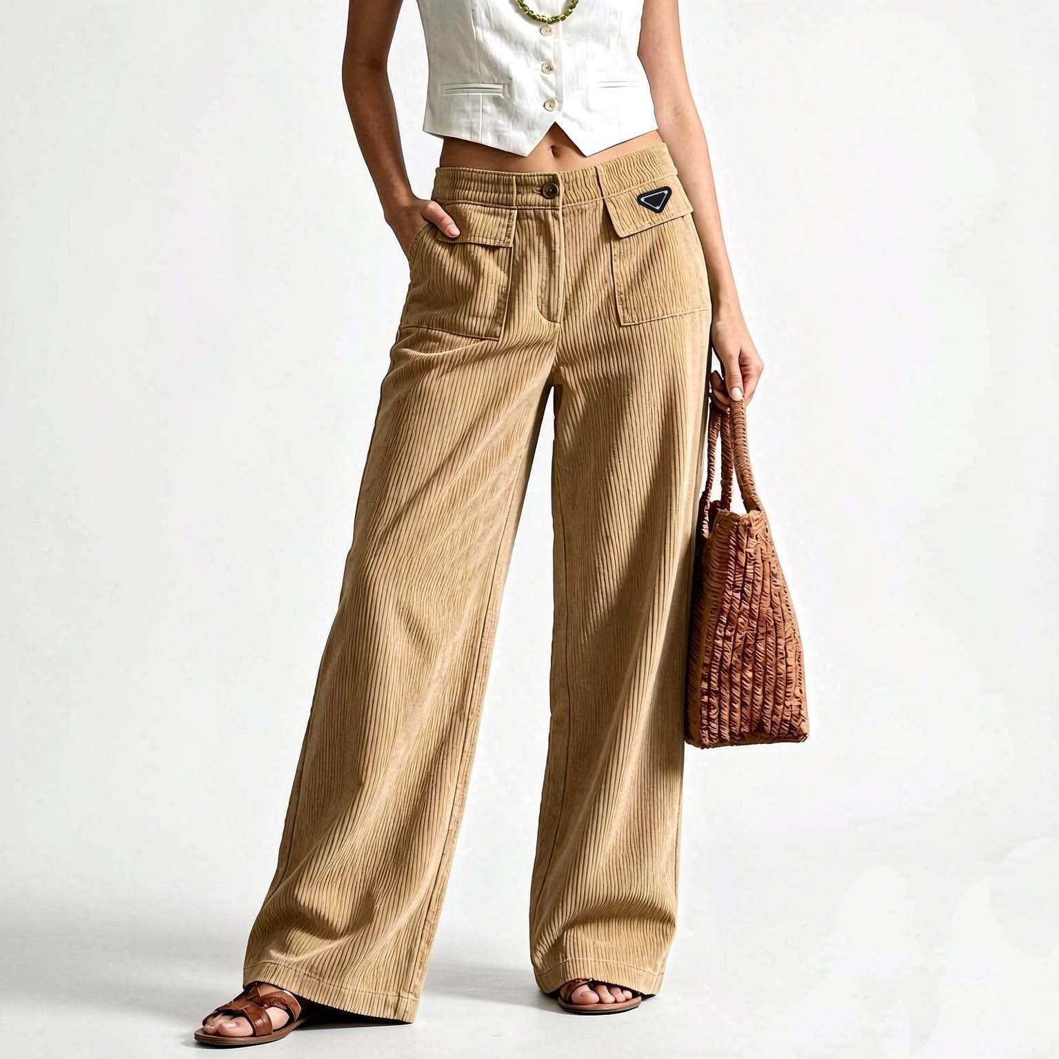 Designer Women's Wide Leg Pants Corduroy High Waisted Casual Loose Fit Trousers with Flap Pockets Solid Color Ribbed Knit Long Pants for Autumn