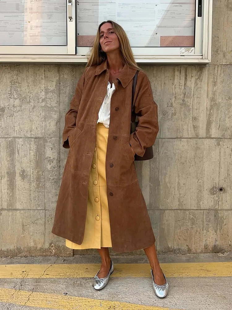 Chic Camel Suede Coat Women Lapel Collar Single Breasted Long Loose Outerwears Autumn Streetwear Office Commute Lady Top 260819 f8