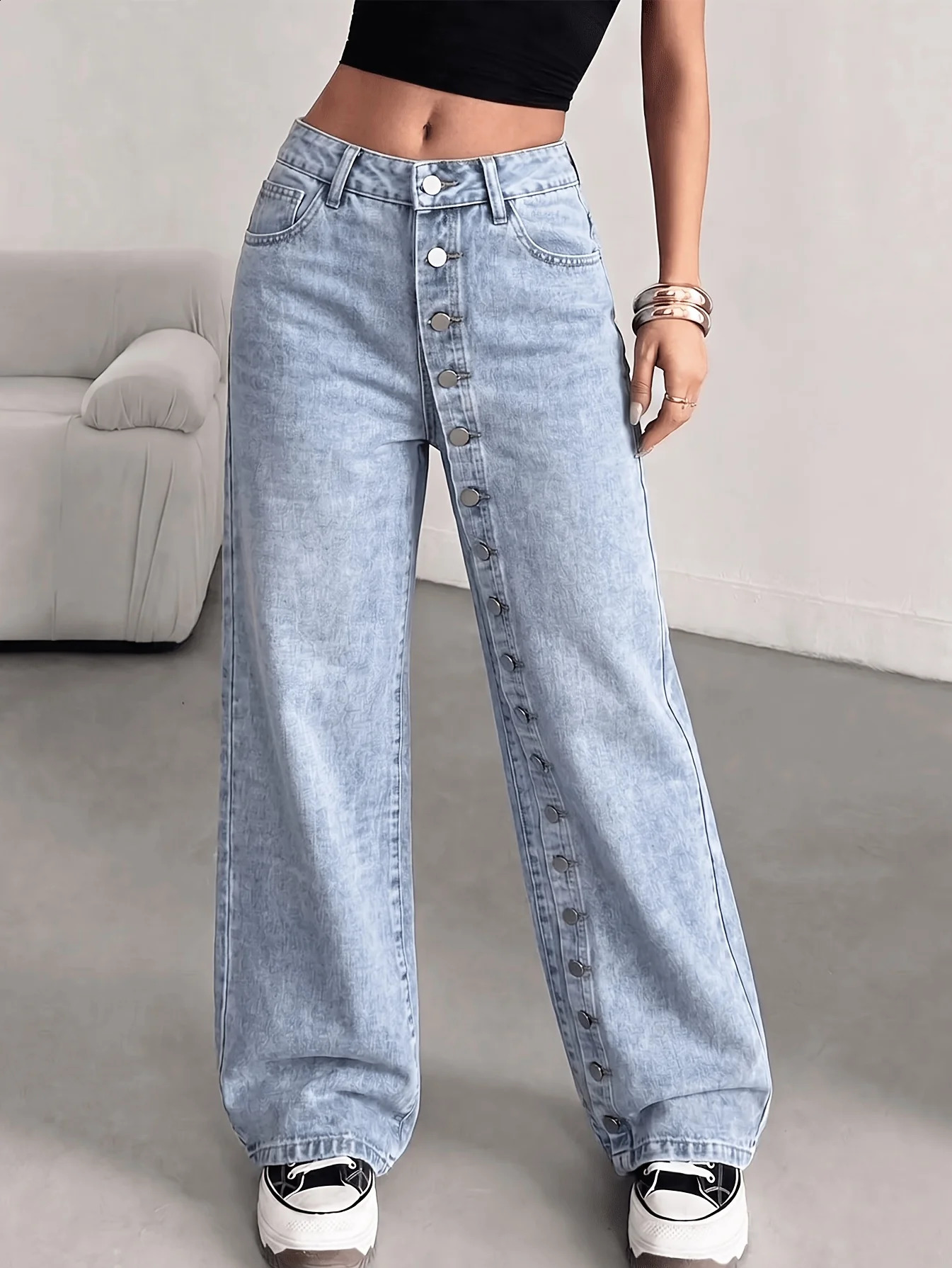 Women High Waist Single Row Button Wide Leg Jeans Vintage Light Wash Loose Baggy Denim Pants Casual Streetwear Long Trousers Wit 260819