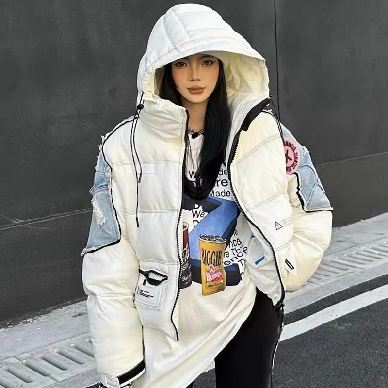 Women Thickened White Duck Down Jacket Trendy Denim Splicing Short Section Hooded Color Collision Parker Coat 260819