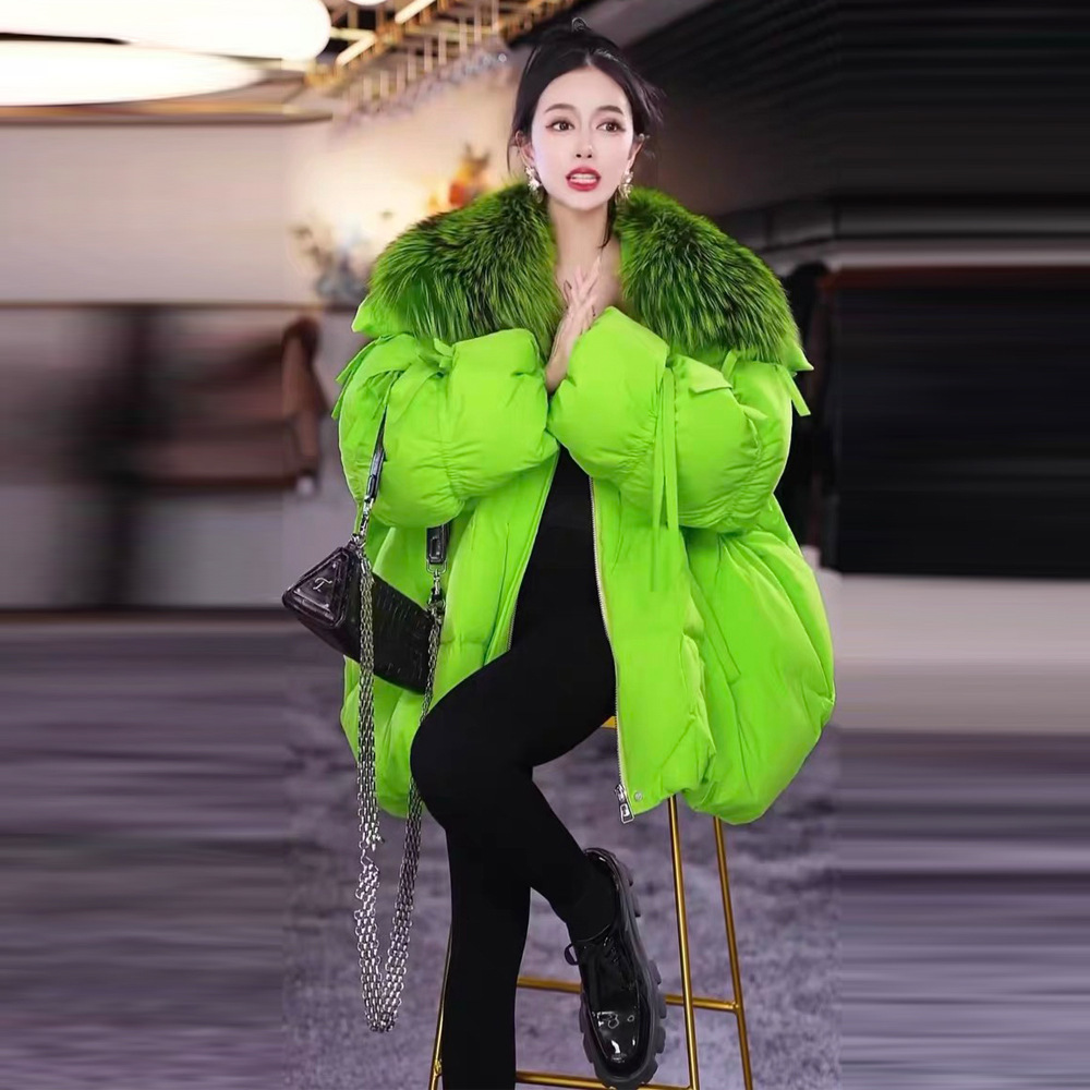New Design Winter New Style Women 's Down Jacket With Natural Large Fur Collar, White Duck Down, Mid-Length, Loose Fit, Thickened, Warm, Fashio
