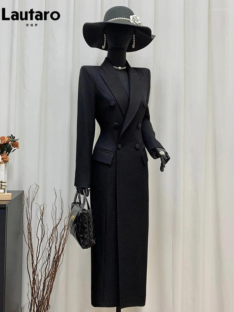 Women's Trench Coats Lautaro Spring Autumn Long Black Fitted Blazer Coat For Women Double Breasted Elegant Luxury Chic European Fashion