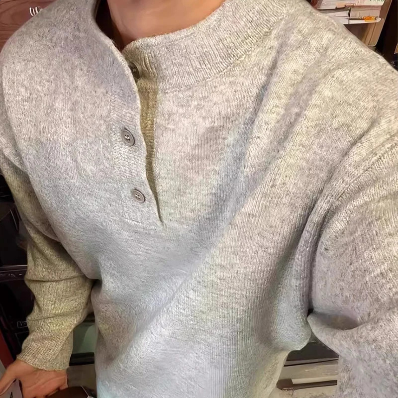 Men's Henry Collar Knit Sweater Light y Buttondown Long Sleeve Retro Leisure Streetwear Fashion Pullover 2025 260819