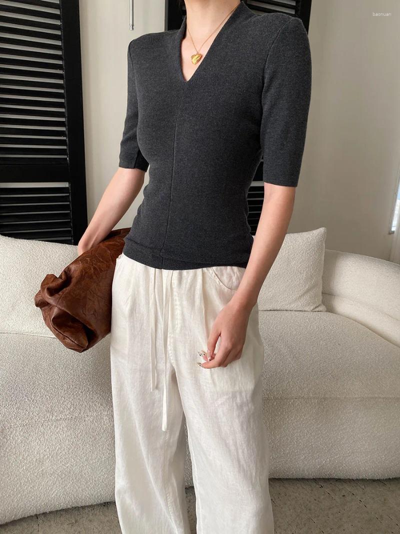 Women's Sweaters Spring Casual Solid Color V neck Slim Fit Five Quarter Sleeve Knitted Sweater 8a