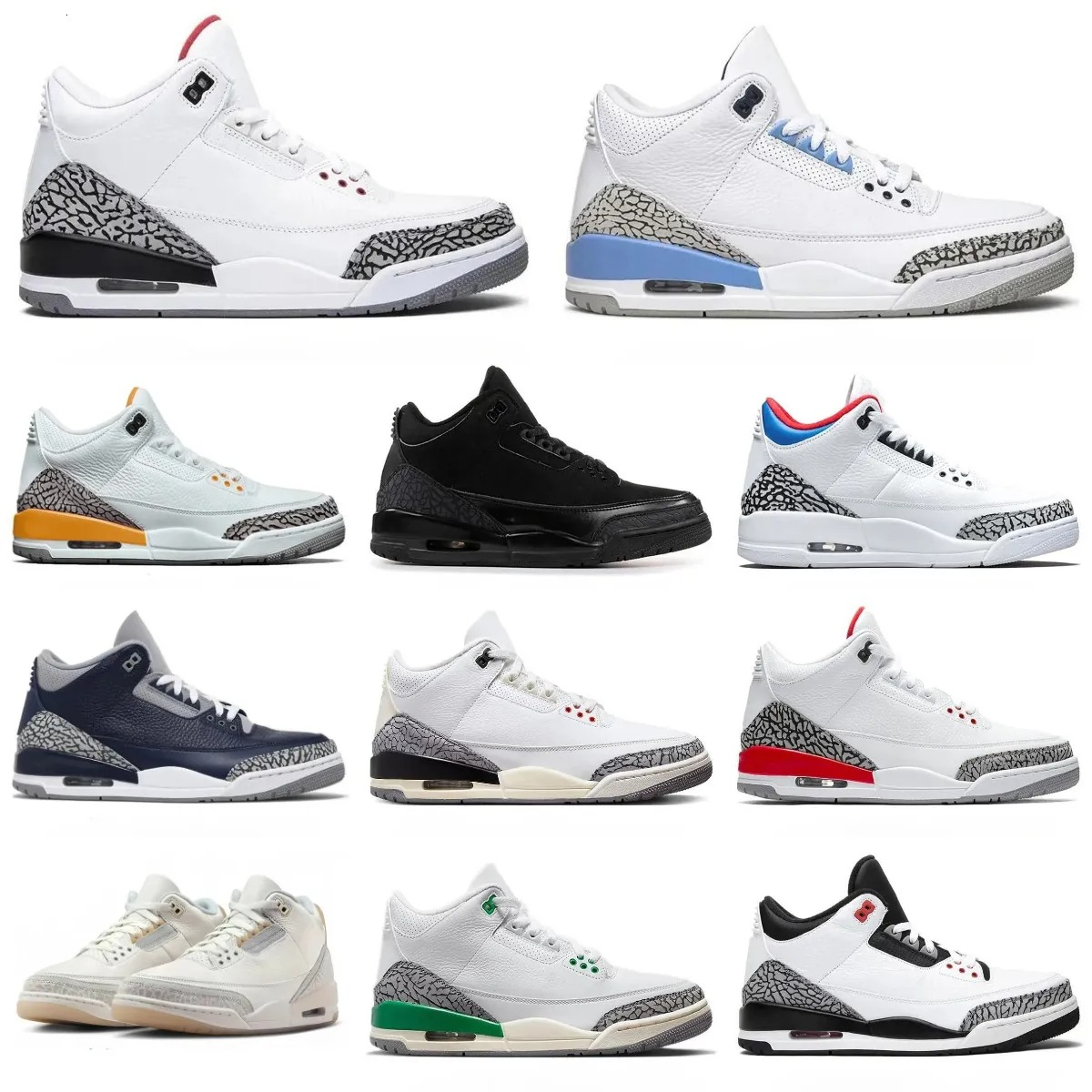 Designer 3 Basketball Shoes Trainers Mens 3s Black Cat Pure White Cement UNC Wizards Fire Blue Red FREE THROW LINE JTH Outdoor Sports Lucky Orange C
