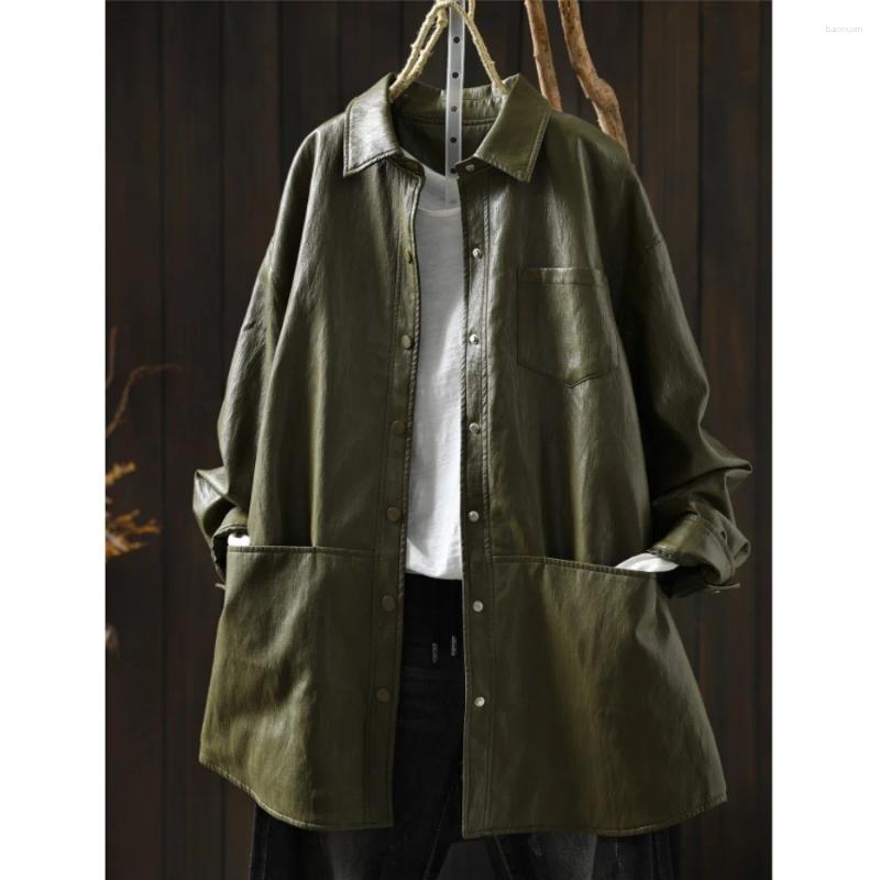Women's Leather Women Coat 2026 Style Autumn Military Green Turn down Collar Loose Casual Mid length PU ZF2367 6b