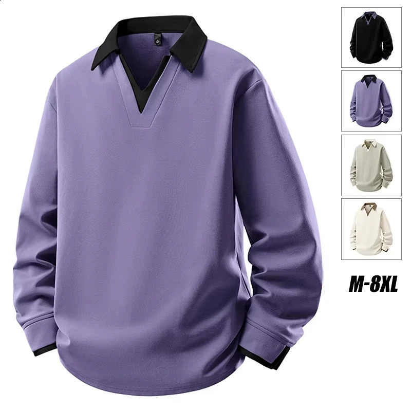 Big Tall Men Sweatshirt Youth Fashion Plus Size Pullover V Neck Polo Sweatshirts Autumn Winter Loose High Streetwear 6XL 7XL 8XL 260819