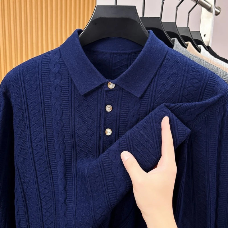 100 Cotton Men's Long Sleeve Waffle Knit Polo Shirt Slim Fit Business Casual Top for Autumn Winter 260819