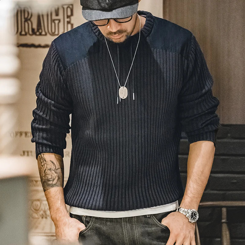 Maden Vertical Stripe Sweater ONeck Slim Fit Mens Retro Knitted Pullover Patch Stitching n Classic Sweaters Men Clothing 260819