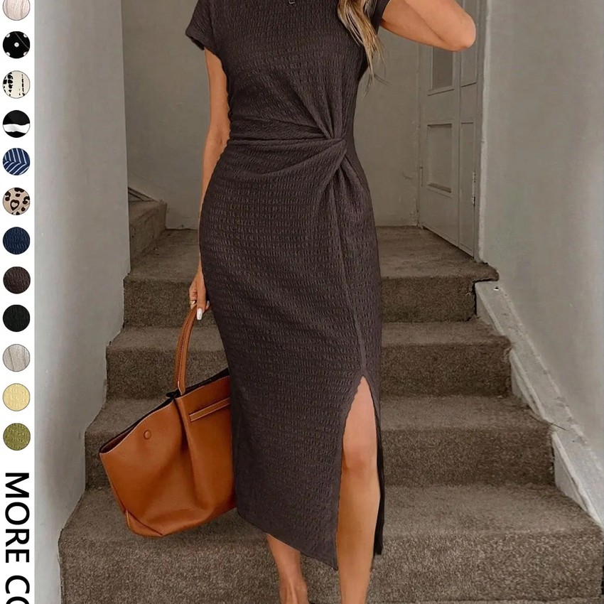 Elegant Waist Twist High Slit Sleeveless Midi Dress, Casual Apricot Textured Bodycon Fitted Dress, Womens Birthday Outfit, Womens Fitness Set, Women