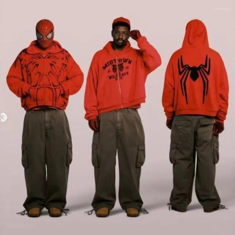 Men's Zip Up Hoodie American Street Abstract Web Graphic Sweatshirt Harajuku Unisex Loose Fit Reversible Hooded Hip Hop Casual Autumn Outerwear