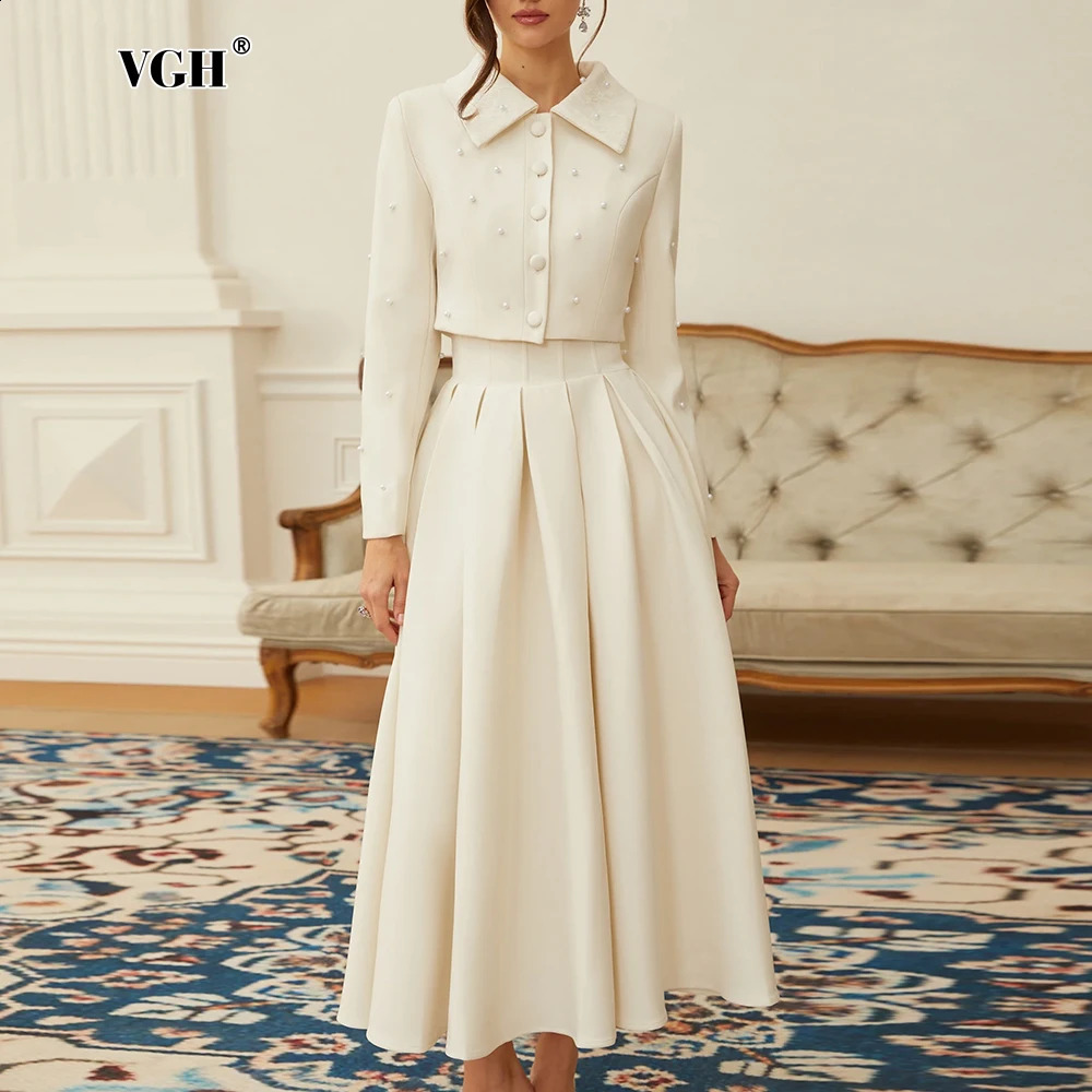 VGH Elegant Bridesmaids White Two Piece Set for Women Lapel Pearl Accent Crop Jacket A Line Midi Skirts Suit Formal Events 260819 c5