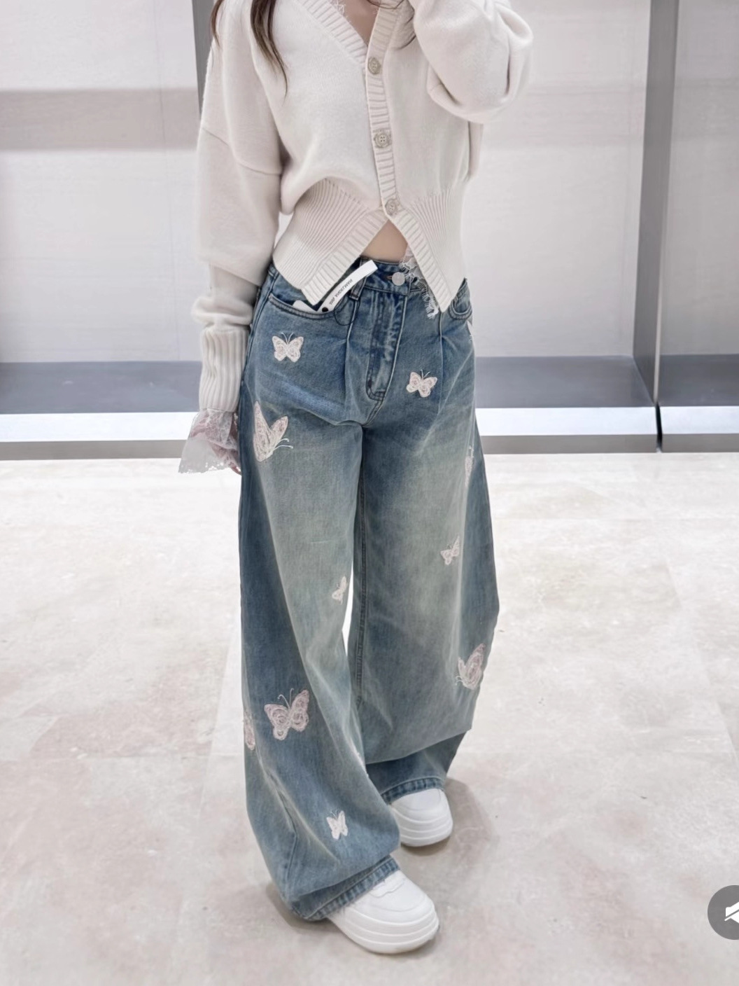 AAAA L17 Pantalon en jean bleu pour femme, décoré de perles, d'inspiration vintage, fabriqué à la main