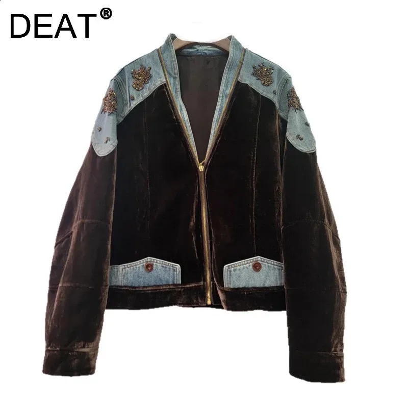 DEAT Women's Coat Patchwork Zipper Denim Velvet Beading Long Sleeve Loose Vintage Jackets 2026 Autumn Fashion 29A3480 260820