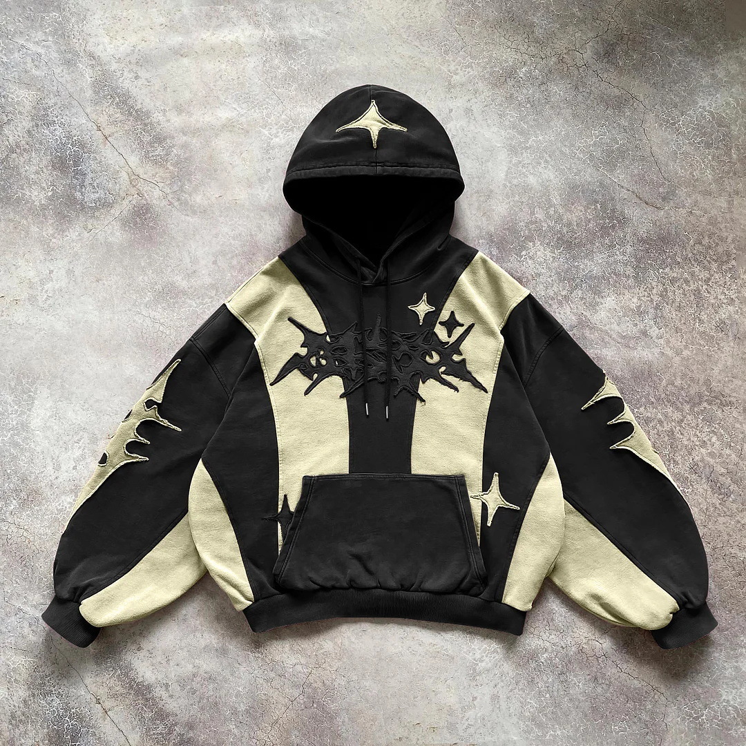 American Street Style High-End English Embroidery Collage with Hat, New Trendy Unisex Loose Hoodie