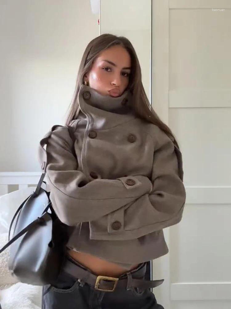 Women's Wool Fashion Stand Collar Coat Long Sleeve Double breasted Solid Pockets Jacket Female 2026 Autumn Winter Lady Streetwear da