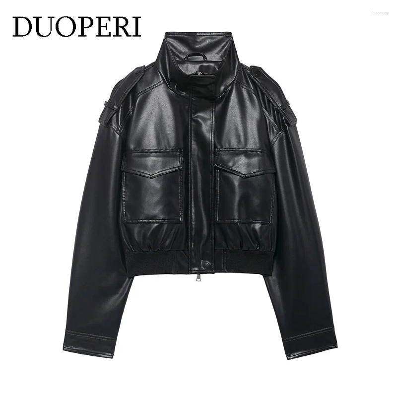 Women's Leather DUOPERI Fashion With Pockets PU Black Jackets High Street Neck Long Sleeves Coats Female Elegant Chic Lady Outfits 5d