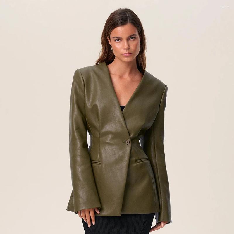 Women's Leather Laur Women Faux Blazer V Neck One Button Slim Waist Long Sleeve Jacket Elegant Office Commuter Outerwear Fashion PU Coat 14