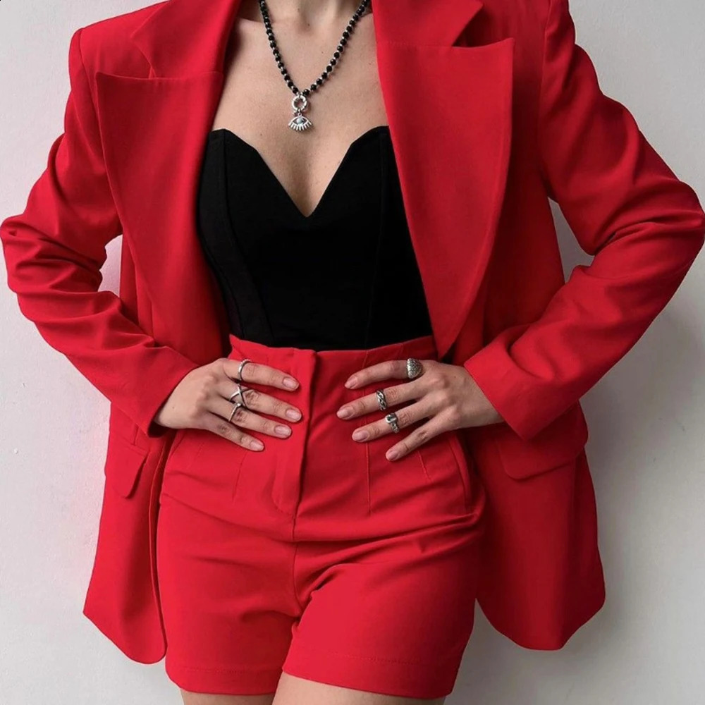 Spring Summer Solid Blazer Slim Two Piece Suit Women Elegant Notched Collar Long Sleeve Top Zipper Shorts Party Outfits 260819