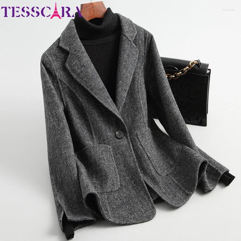 Women's Wool TESSCARA Women Autumn Elegant Blend Basic Jacket Coat Female Grey Warm Cashmere Office Lady Jackets Outerwear Coats e2