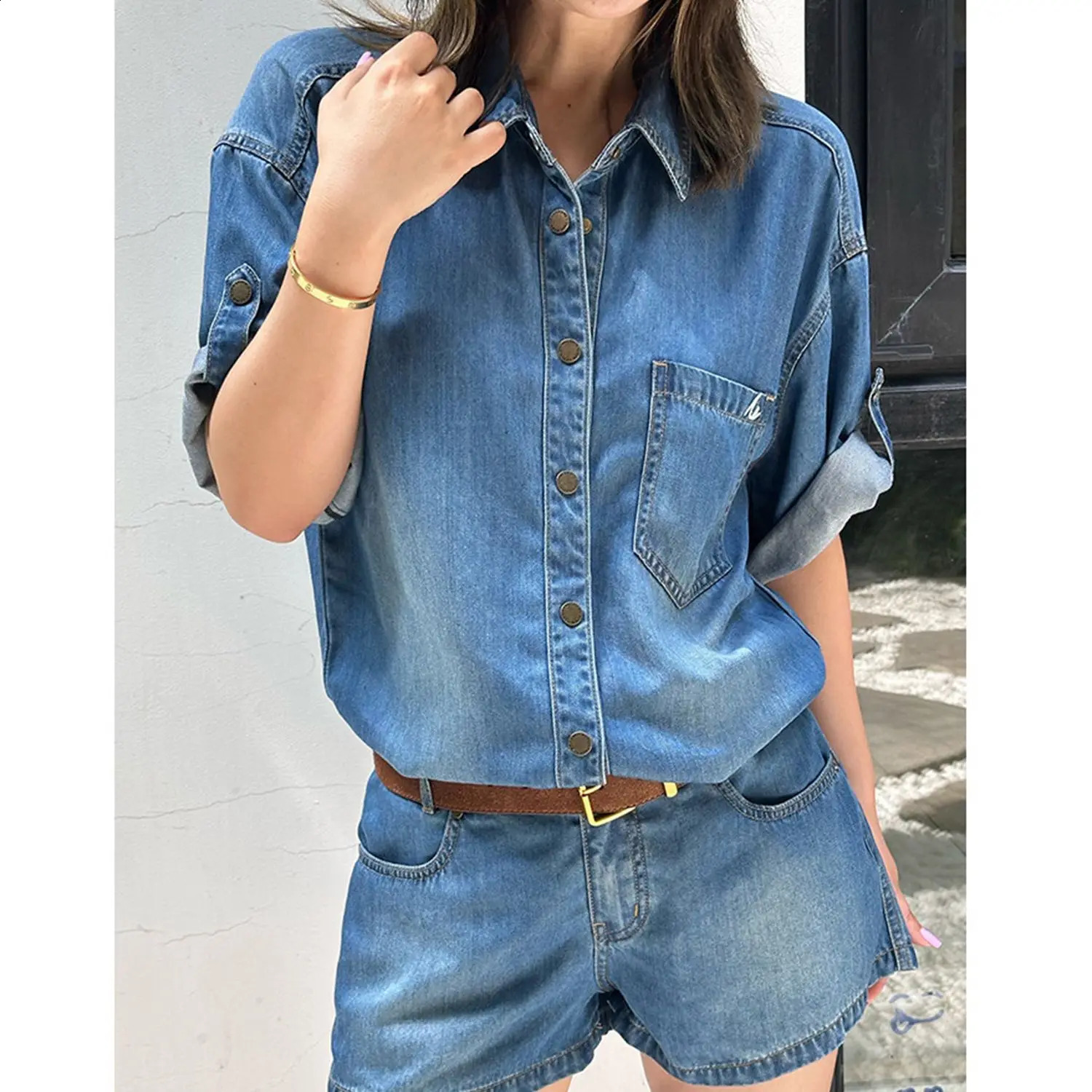High End Commuting Casual Denim Suit For Women'S Summer Age Reduction Short Sleeved Shirt Paired With Shorts TwoPiece Set 260819