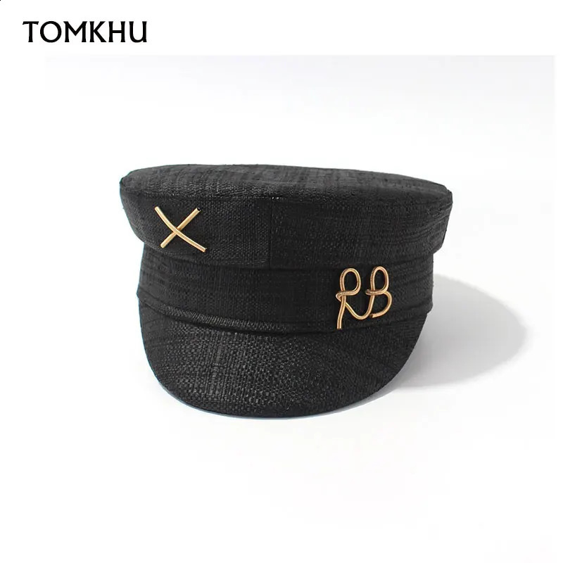 Fashion Beret Letter Military Hats For Women Casual Travel High Quality Black Raffia Straw Flat Top Hat Baseball Cap 260819