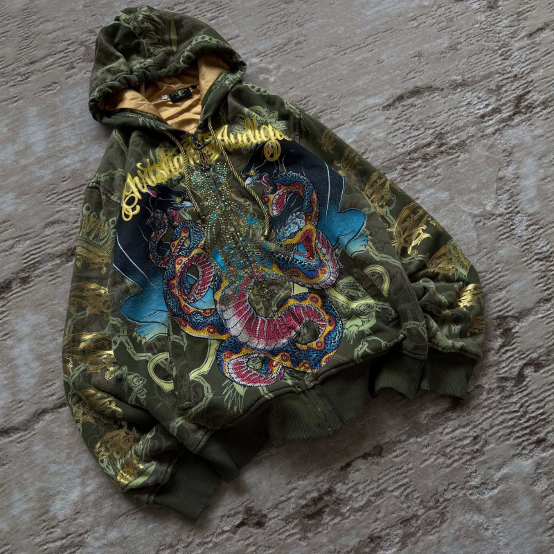 Luxury Brand Designer Clothes American Retro FullPrint Hooded Cardigan Sweatshirt With Black Panther Python Print Gold Zipper LooseFitting Jacket Fo