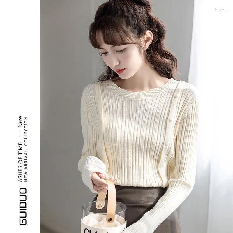 Women's Sweaters Round Neck Vertical Rib Knit Sweater Asymmetric Button Design Slim Inner Top For Women Autumn Winter e8