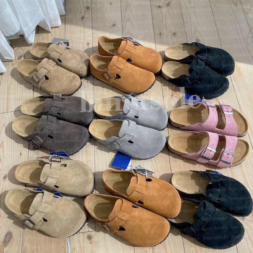 With Box Design Clogs slippers Clog Taupe Mocha Habana Mink Schwarz Genuine suede Leather Slide Boston Cork Flat Women Men Casual Sandals mules lond