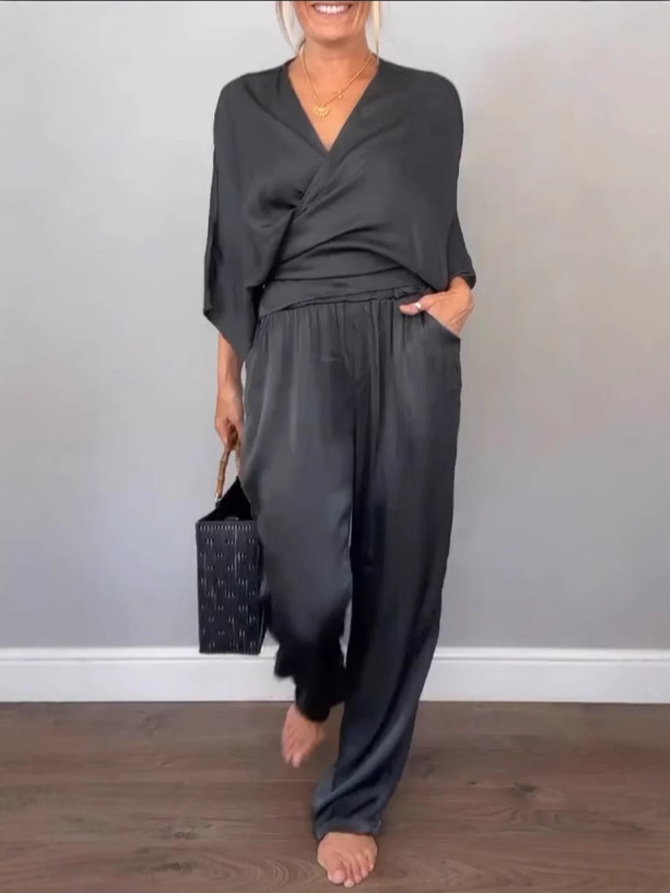 Ensemble d'été chic AAAAA L19 : combo tunique-pantalon en satin tout-en-un