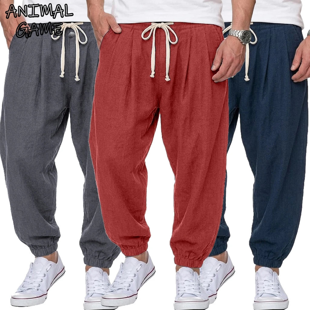 Men's Cotton Linen Pants Korean Gym Trousers Man Casual Baggy Autumn Loose Harem Spring Drawstring Streetwear 260819 bd