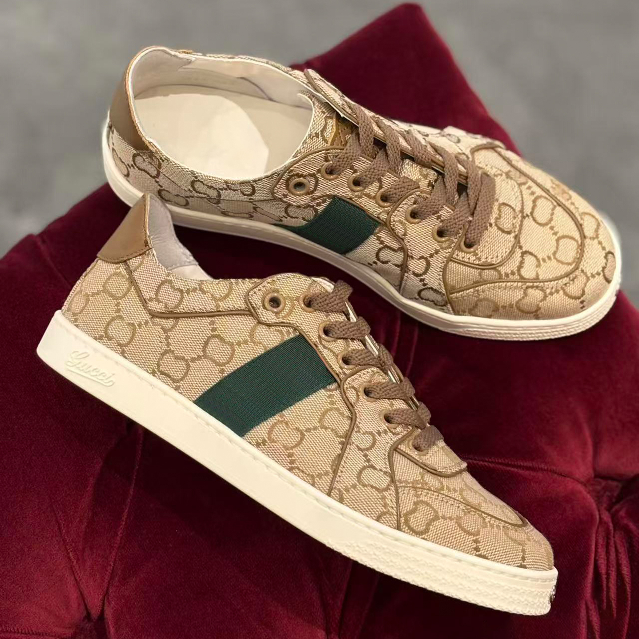 New Fashion Womens Vintage Jacquard Skate Shoes Classic Monogram Pattern Green Ribbon Detail Lace Up Luxury Designer Daily Outdoor Casual travel Sne