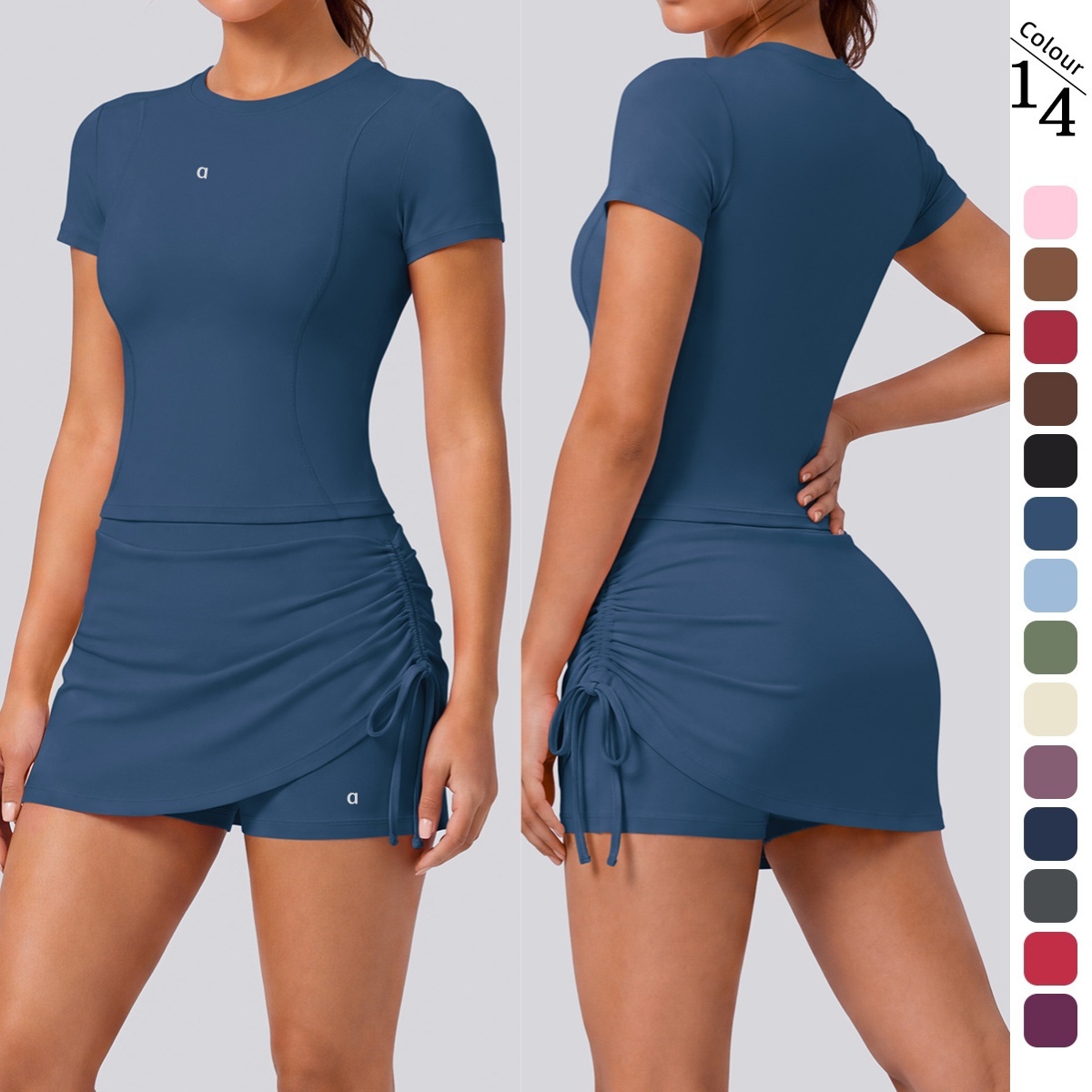 A2727 Women's Quick-Dry Elastic Yoga Top Nude Breathing Short Skirts Breathable Sports Running Fitness Tee Tight-Fitting Fake Yoga Skirt Yoga S