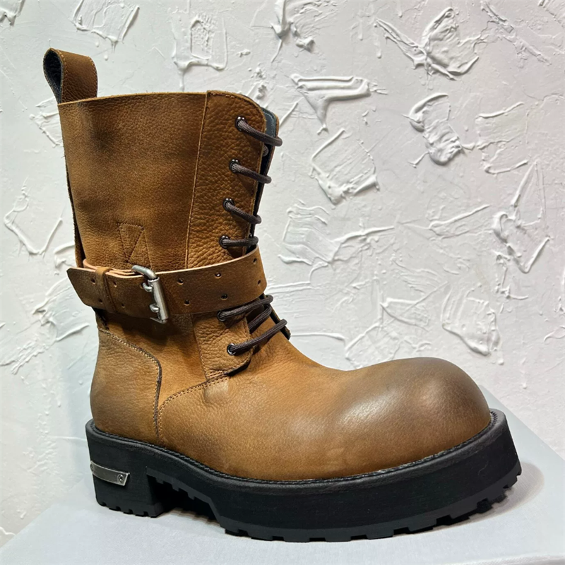 New Men's Boots Thick Heel Platform Motorcycle Boots Retro Short Boots Top Grain Leather Work Boots