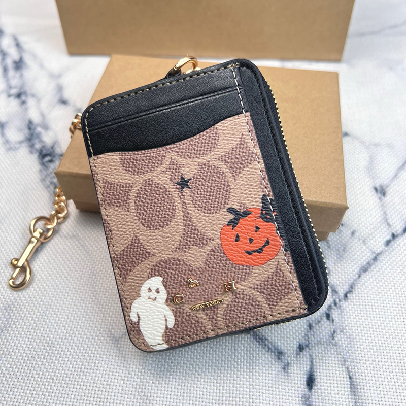 Cute Halloween Theme wallet keychain Card Holder Ghost Pumpkin Printed Mini Zipper Wallet With Keychain Lobster Clasp Multi Slots ID Card Coin Purse