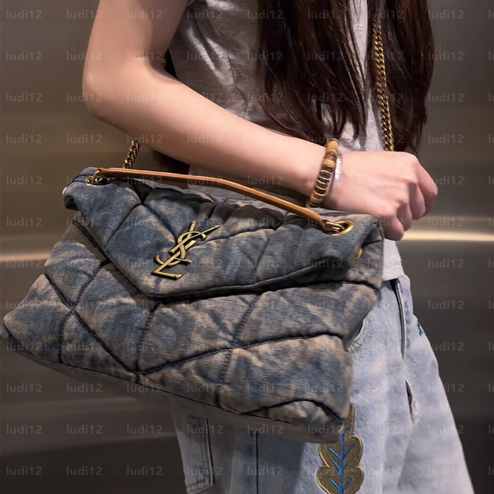 18A COW LEATHER loulou puffer bag Womens shoulder crossbody bag designer handbag denim wash mirror quality Luxury leather chain cloud bag hobo fashi