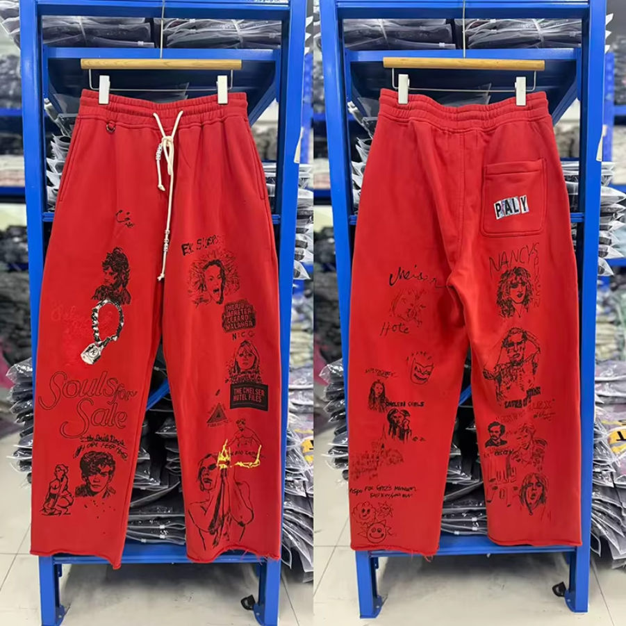 Red Graffiti Sweatpants Elastic Waist Drawstring Vintage High Quality Loose Straight Casual Pants Unisex