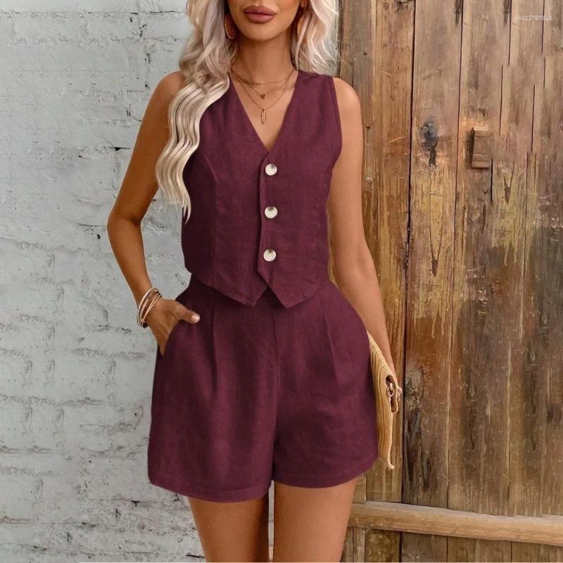 Women's Tracksuits Retro Sleeveless Cotton Linen Suit V Neck Elastic Waist Two Piece Set Wide Leg Solid Casual Clothing Summer
