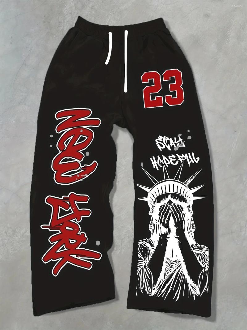 Men's Pants Men Gothic Vertical Graphic Wide Leg Sweatpants Drawstring Loose Straight Baggy Y2K Dark Punk Streetwear Pants.