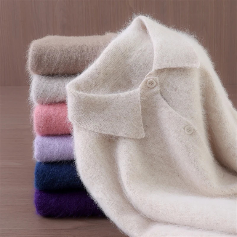 Autumn Winter Women's 100% Pure Mink Cashmere Sweater with Peter Pan Collar and Buttons Preppy Korean Casual Solid Color Knit 260820