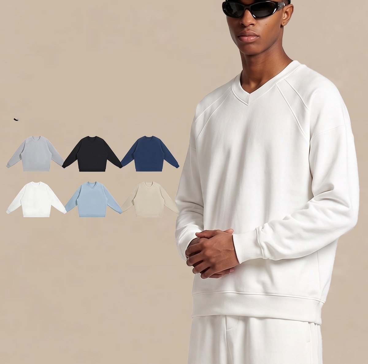L6432-UU 350G unisexe Yoga sweat lourd américain épaule épissage petit col en v conception col rond pull loisirs de plein air sport pull haut