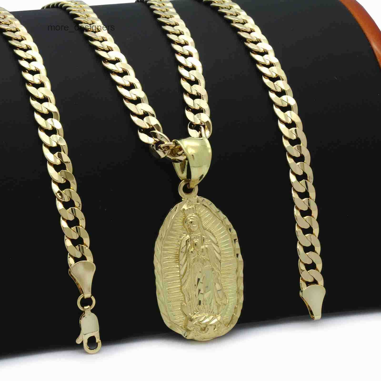 Gold Plated Virgin Mary Oval Medallion Pendant Necklace Solid Miami Cuban Link Chain Religious Catholic Faith Hip Hop Statement Jewelry For Men Wome