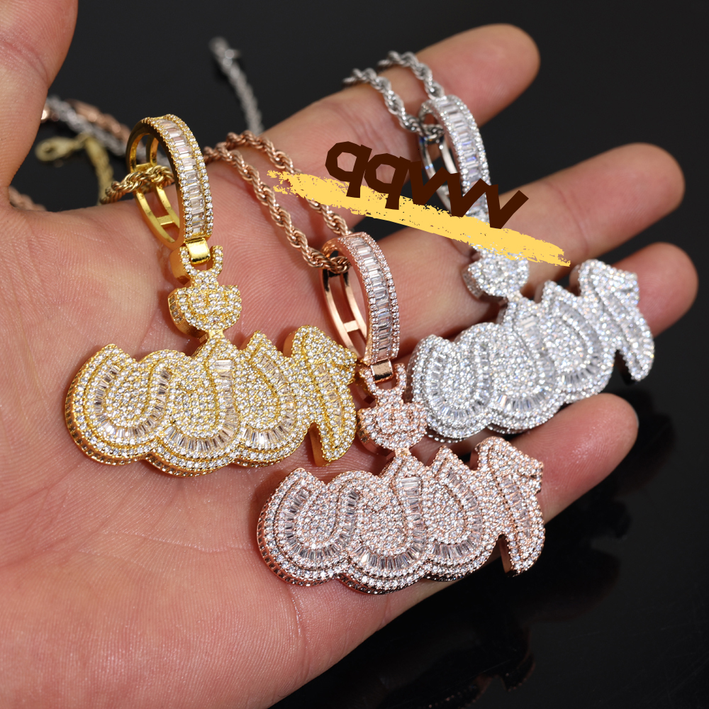 In Stock Iced Out Bling Cubic Zirconia Paved Allah Hip Hop Men's Allah Islam Pendant Necklace Jewelry Gift